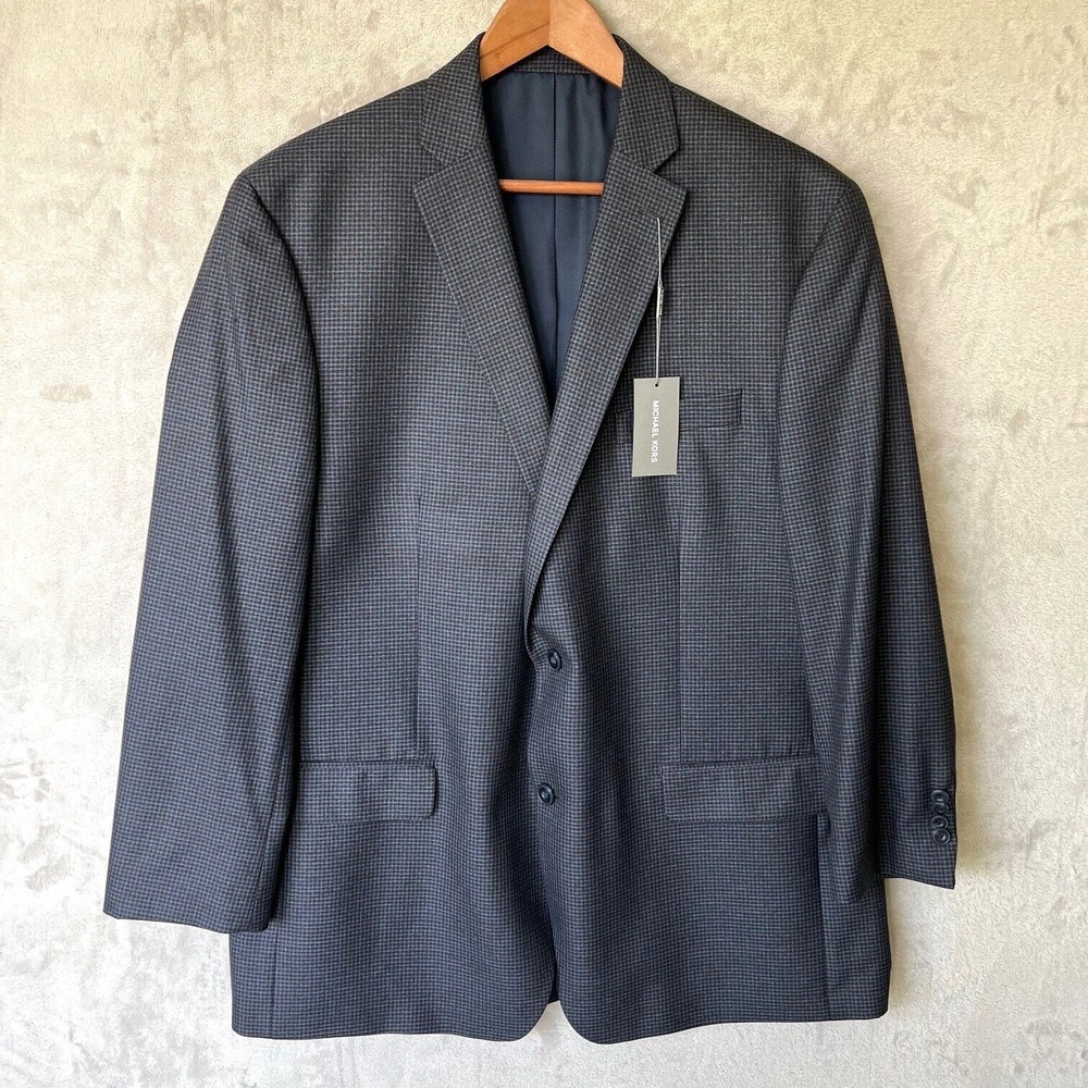 Michael Kors Blazer 46L Gray Blue Mini Houndstooth 2-Button Poly Rayon Suit Coat